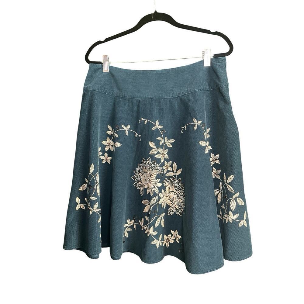Talbots Floral Corduroy A-Line Skirt Embroidered Beaded Teal Cottage Size 16